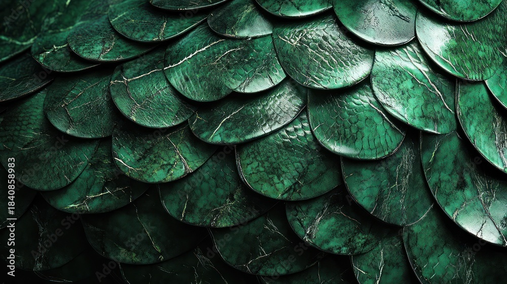 Obraz premium Anaconda, scales like polished malachite, deep green and swirling, surreal gemstone texture, moody jungle lighting effect