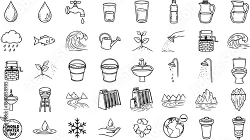 Hand-drawn Black and White Line Art Icons of Water Conservation and Usage