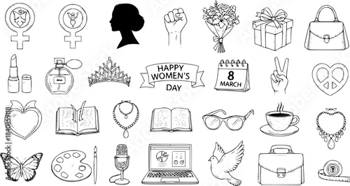 Hand-Drawn Black  White Line Art Doodle Icons Set for Women's Day and Femininity. Vector Collection of Outline Symbols and Elements for International Women's Celebration, Empowerment, and Lifestyle.