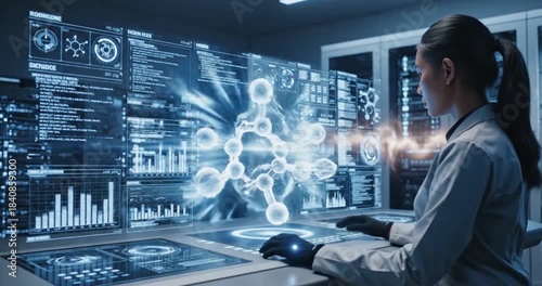 Futuristic Laboratory with Holographic Molecular Display and Data Analysis.