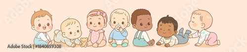 Seven kawaii-style babies in pastel colors sitting, crawling, and playing together. Diverse toddlers with cute rounded features and soft nursery illustration style. Vector