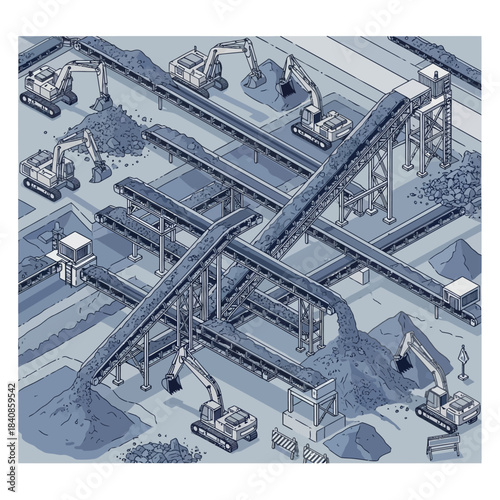 Isometric view of a large-scale mining operation with multiple conveyor belts and excavators.