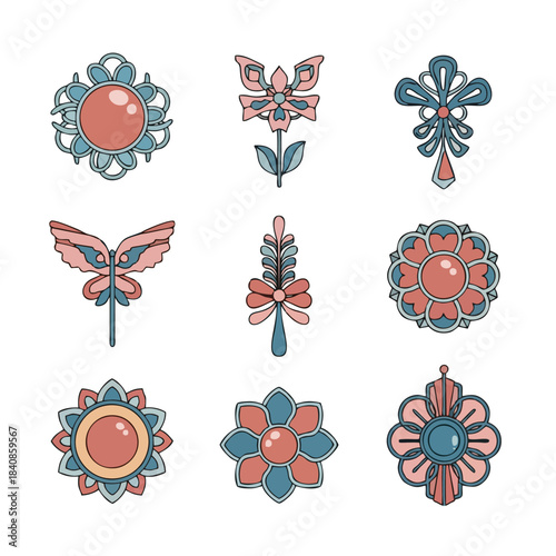 Elegant collection of nine vector illustrations, featuring vintage decorative brooches and ornate pins with intricate patterns and colorful gemstone accents