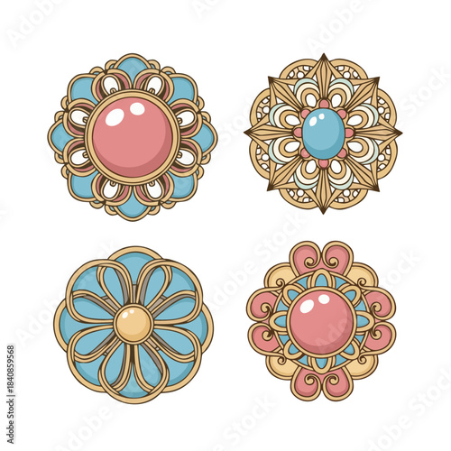 A charming collection of ornate vintage jewelry brooches and decorative antique style gemstone medallions in pastel colors, vector illustration set perfect for elegant design projects