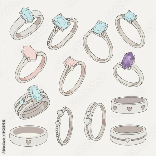 Collection of elegant rings with gemstones and heart designs, showcasing sparkling jewelry