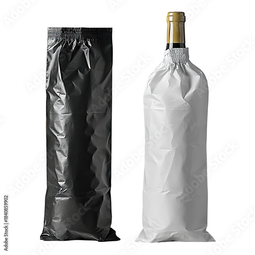 Black bag & wine bottle in white bag, wrinkled
