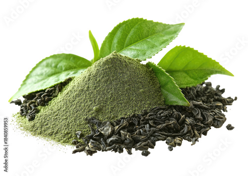 Green powder pile with fresh leaves and dried tea