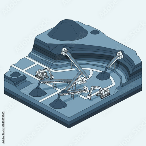 Isometric view of a quarry with mining equipment and layered terrain.