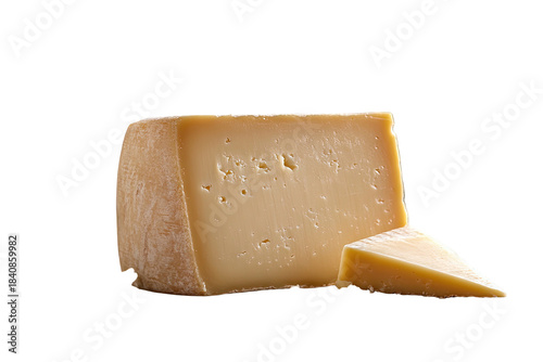 Aged cheese block & slice, light yellow, holes