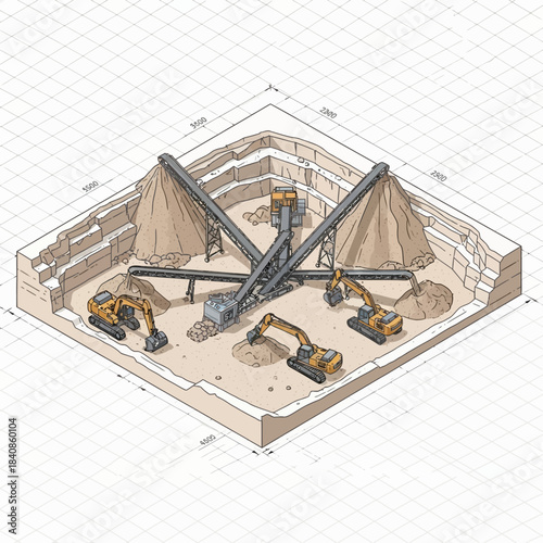 Isometric view of a sand and gravel quarry with excavators and conveyor belts.