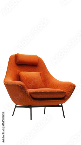 Retro orange chair, rounded shape, dark legs, soft cushion