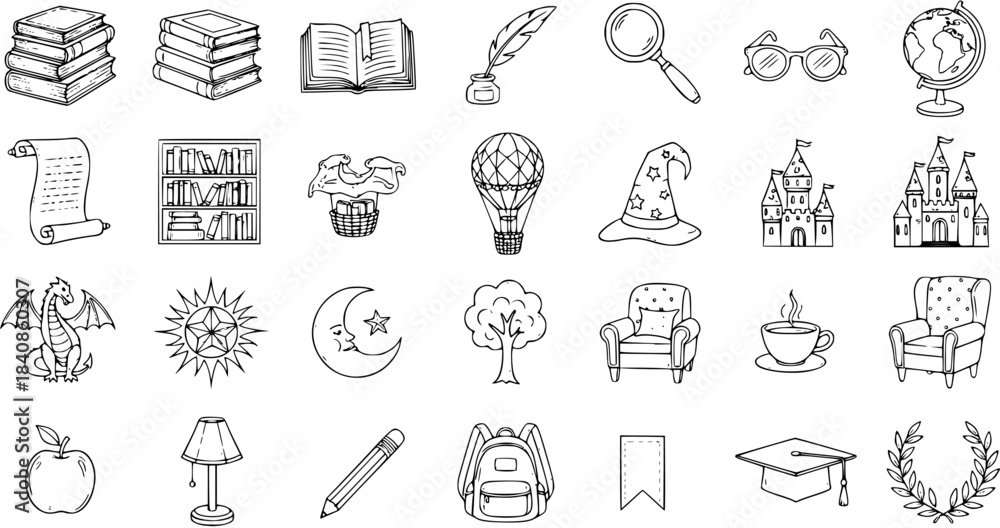 Naklejka premium Black and White Hand Drawn Line Art Icons: Education, Fantasy, and Storytelling Doodle Collection with Books, Magic, and Study Elements