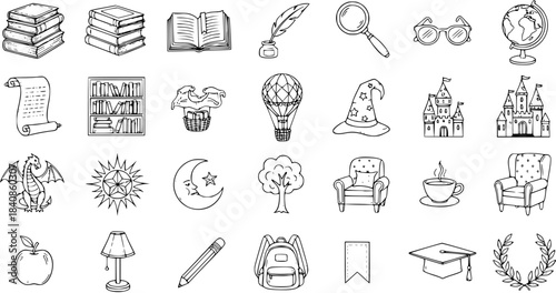 Black and White Hand Drawn Line Art Icons: Education, Fantasy, and Storytelling Doodle Collection with Books, Magic, and Study Elements