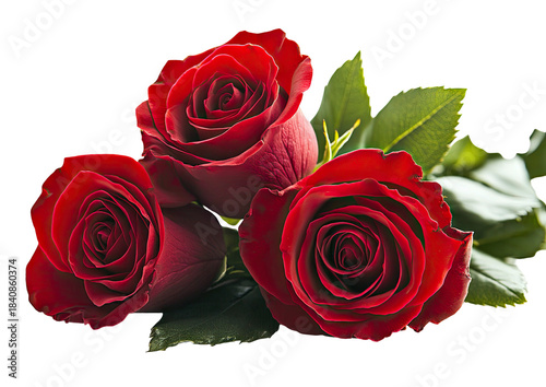 Three lush, red roses, close-up, with greenery