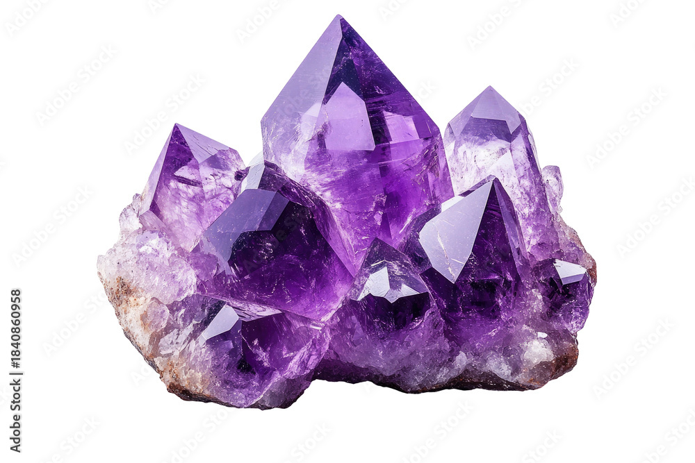 Fototapeta premium Purple amethyst crystal cluster, jagged points, isolated