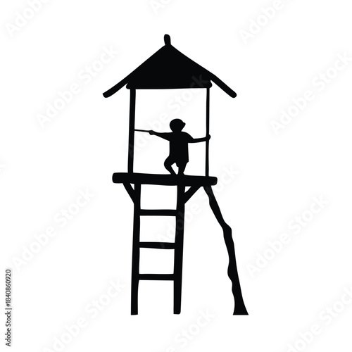 Silhouette of a child standing in a wooden lookout tower with outstretched arms.