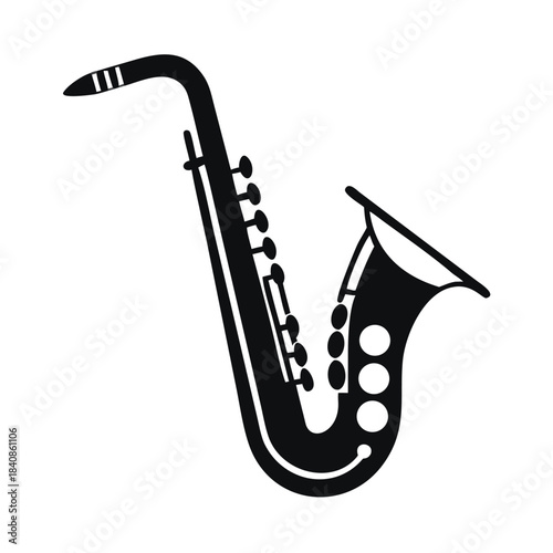 A black silhouette of a saxophone is shown against a white background.