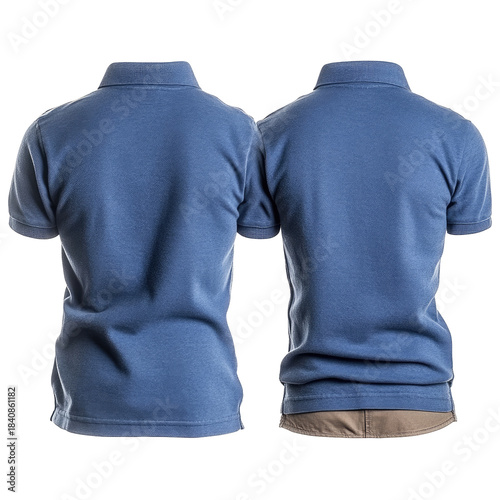 Back views of two blue polo shirts