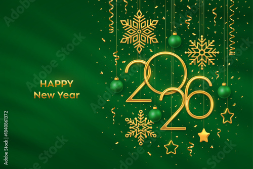 Happy New Year 2026. Hanging Golden metallic numbers 2026 with shining snowflakes, 3D metallic stars, balls and confetti on green background. New Year greeting card or banner template. Vector.