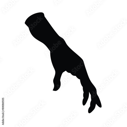 A black silhouette of a skeletal hand reaching downwards with its fingers spread.