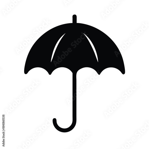 A simple black silhouette of an open umbrella on a white background.