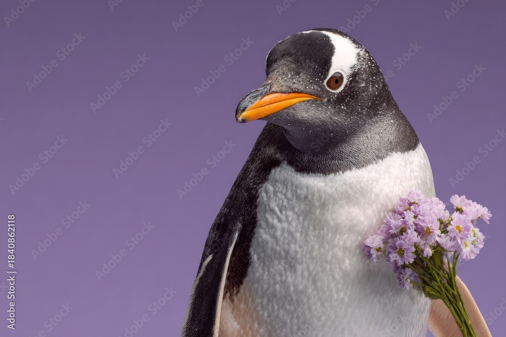 Naklejka premium A gentoo penguin holding a bouquet of small lavender flowers against a purple backdrop