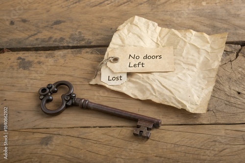 Old antique key lies on wooden surface with lost tags