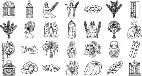Religious and Biblical Line Art Icons Set. Hand-Drawn Black and White Symbols Collection featuring Christian Saints, Ancient Architecture, Holy Week Elements, and Sacred Artifacts in Outline Style.