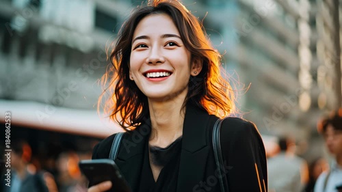 Young happy Asian business woman wearing suit holding mobile phone standing in big city on busy downtown street