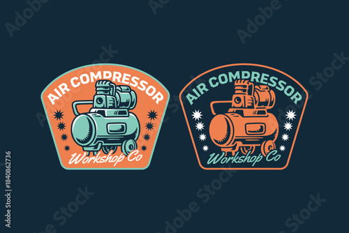 Air compressor retro badge logo design set for industrial. Compressor pneumatic machine vintage emblem illustration pack for garage. Pressure tank machine rustic patch element design for workshop