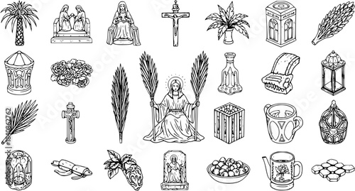 Black and White Line Art Vector Icons of Religious Christian Symbols and Objects for Faith and Spirituality