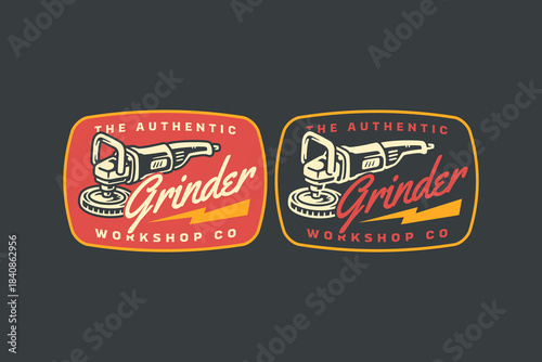 Handheld grinder retro badge logo design set for workshop. Angle grinder tool vintage emblem illustration pack for industrial. Power grinder rustic patch element design for construction