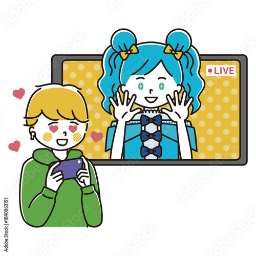 ライブ配信をする女性アイドルを推す男性のイラスト　ガチ恋
