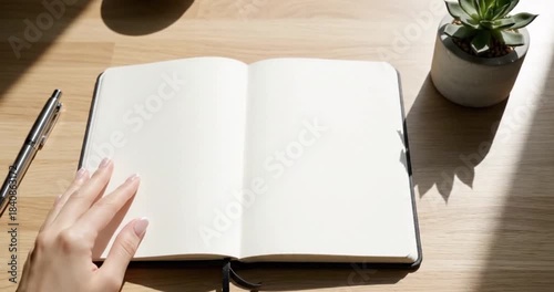 Open Notebook on Wooden Desk with Hand and Plant.