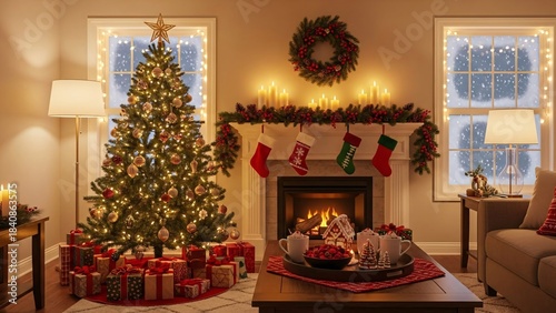3d rendering of a living room interior with a Christmas tree and fireplace