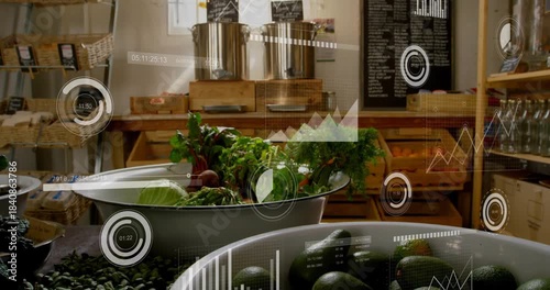 Overlays starting, camera pulling back, produce bowls static while charts updating stock data