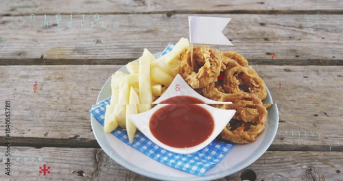 Plated snack staying centered while camera widening glyphs appearing code scrolling showing menu