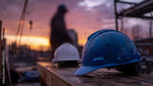 A close-up view of construction helmets resting on a wooden surface at sunset, with a worker in the background, highlighting the end of a busy workday in a construction site