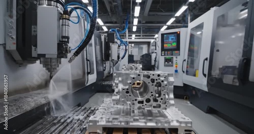 Precision CNC Machining of Metal Engine Block in Modern Factory.