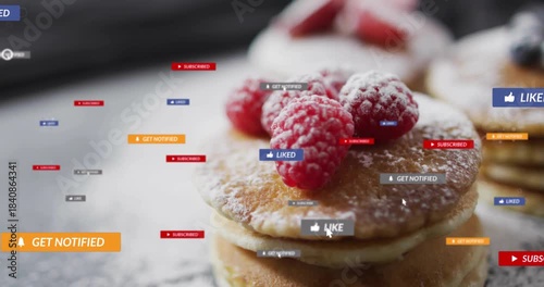 Pancake stack drawing growing social badges after cursor, sugar dusting falling, showing buzz