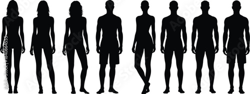 Collection of black human male and female silhouettes standing against white background