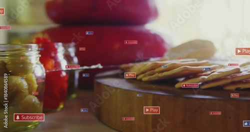 UI labels appearing while camera panning left, revealing jar of yellow preserves as focal point