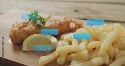 Blue bubbles appearing near lemon cue, clustering over fish and fries, highlighting flavors