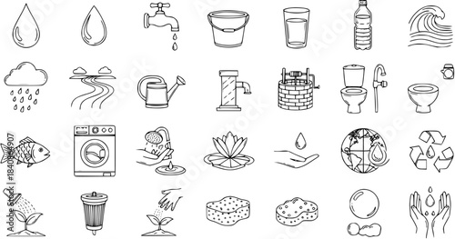 Hand-Drawn Water Icons Collection: From Natural Sources  Recycling to Household Use  Hydration