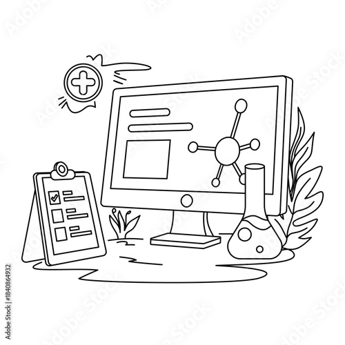 Modern nanotechnology lab scene showing a digital monitor with molecular data, lab flask, and clipboard, perfect for science research, innovation, and high-tech analysis themes