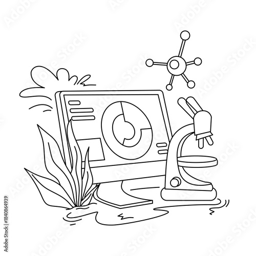 Modern nanotechnology lab scene showing a digital monitor with molecular data, lab flask, and clipboard, perfect for science research, innovation, and high-tech analysis themes