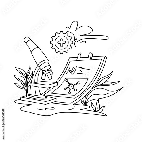 Modern nanotechnology lab scene showing a digital monitor with molecular data, lab flask, and clipboard, perfect for science research, innovation, and high-tech analysis themes