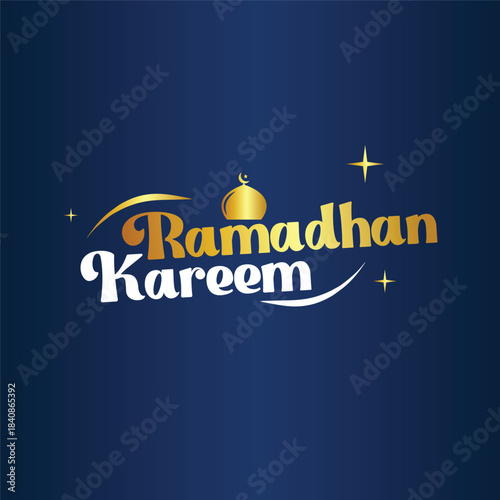 A simple design Ramadan Kareem English calligraphy lettering greeting text banner on gradient background.