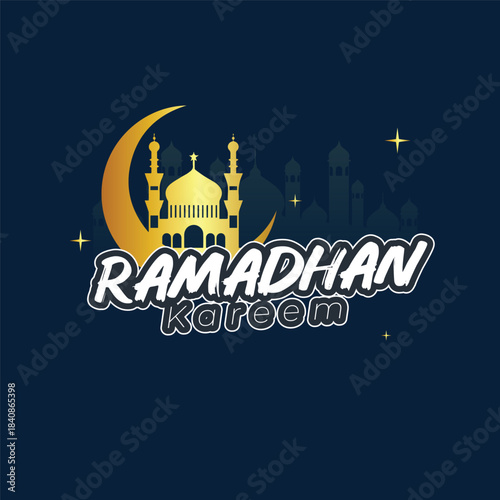 A simple design Ramadan Kareem English calligraphy lettering greeting text banner on gradient background.