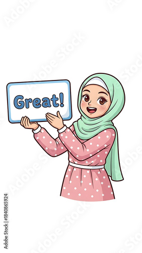 A smiling young Muslim woman wearing a hijab and a pink polka dot dress holds a sign that says 